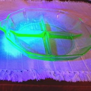 Green uranium glass candy / divided dish 8.5" x 7.5" x 1"  Princess design
